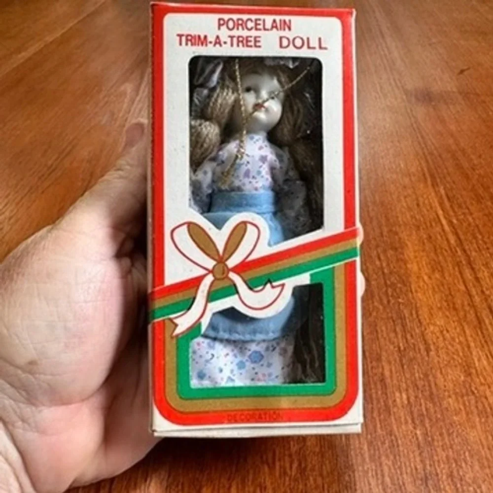 Trim-A-Tree Porcelain Doll Ornament Hand Painted Vintage Floral Blue Dress 5.5